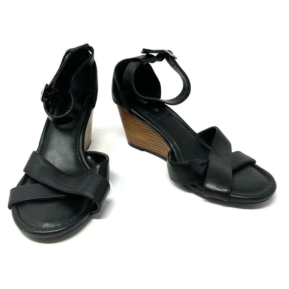 Torrid size 8W black strappy wedge heeled sandals ankle strap‎ wide faux leather